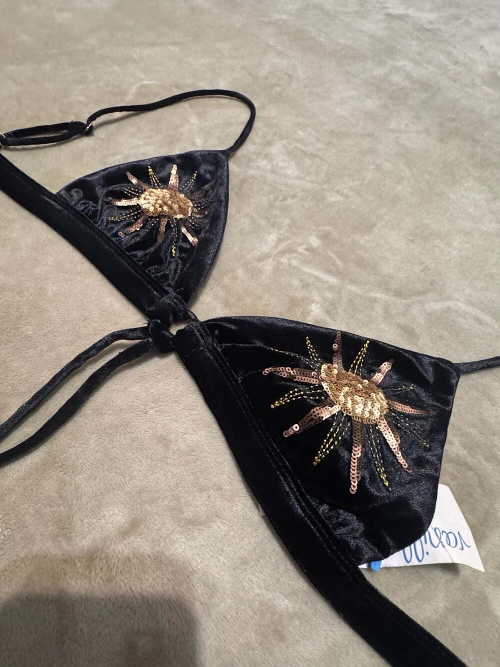 Hey Babe Velvet Sequin Sunburst Triangle Bikini Top Black Gold S NWT